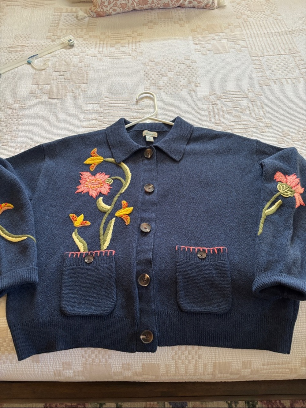 Sundance Navy Embroidered Floral Button Cardigan